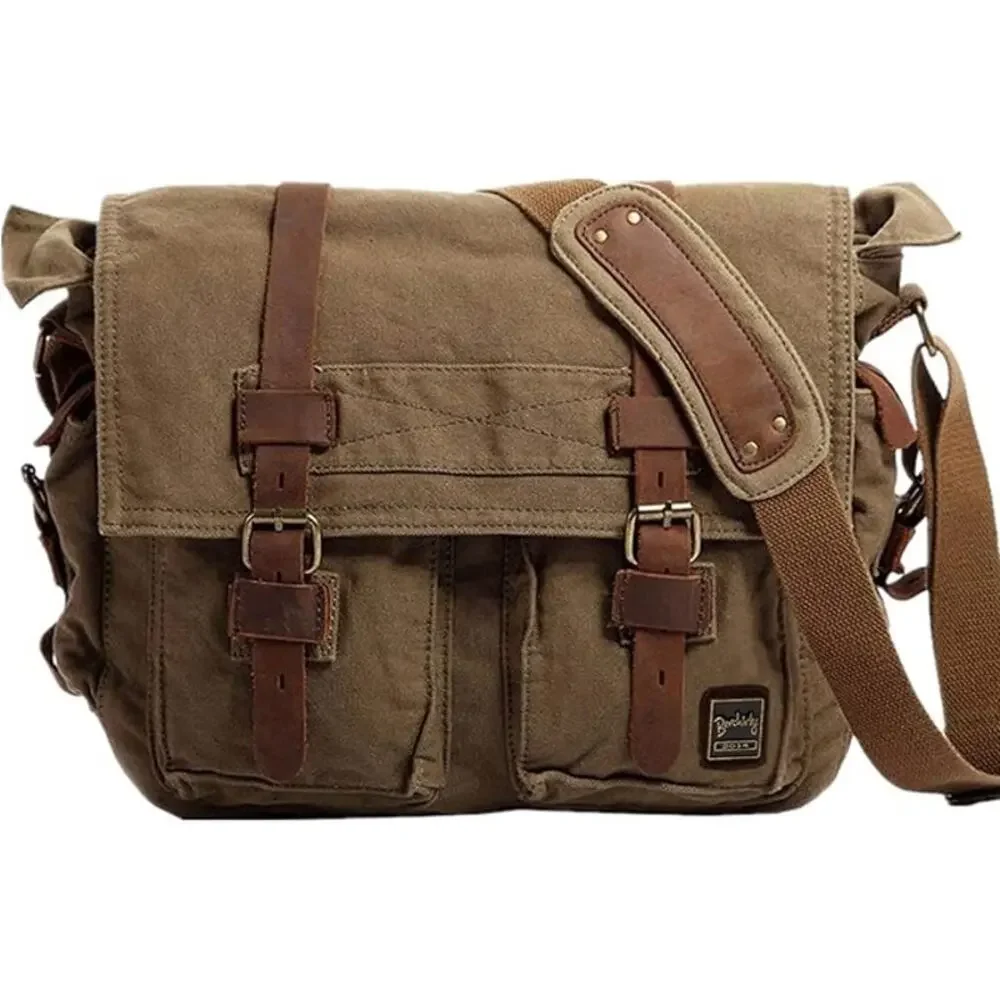 Vintage Berchirly Men's Brown Military Canvas Shoulder Straps Messenger Bag